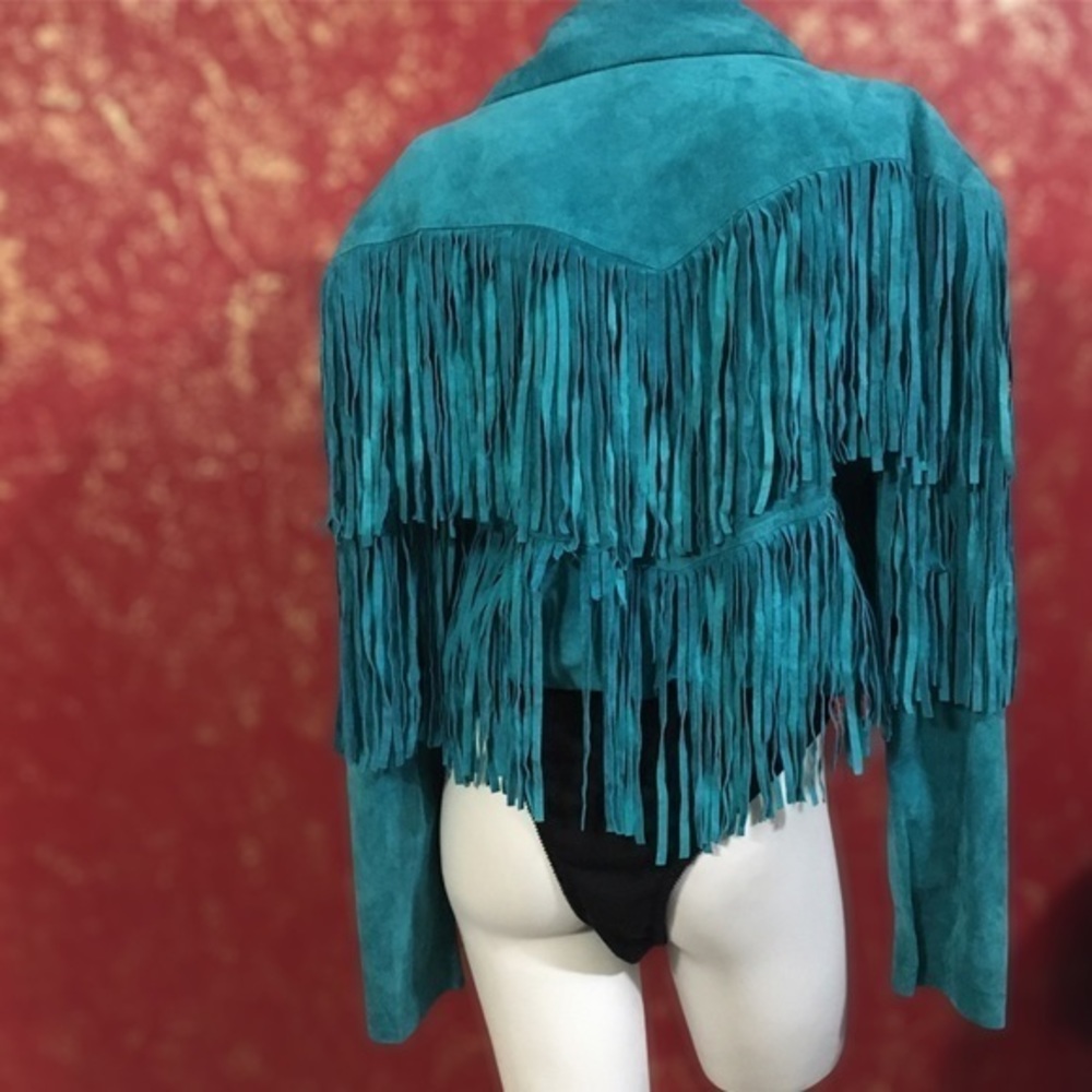 Karen Okada For David Howard Vintage Turquoise teal  Leather Fringes Jacket 12 - Picture 2 of 11